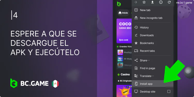 Espera a que se descargue el APK y ejecuta el archivo BC.Game