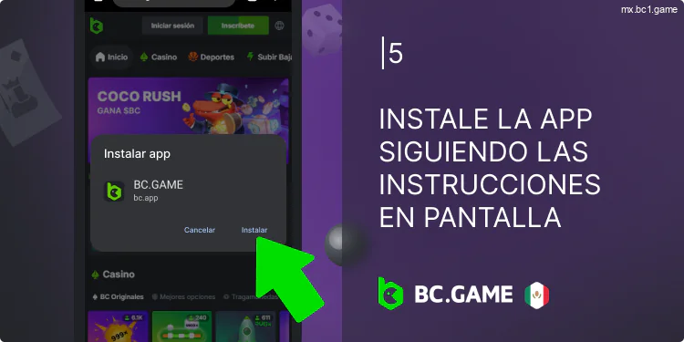 Instala BC.Game siguiendo las instrucciones que aparecen en pantalla