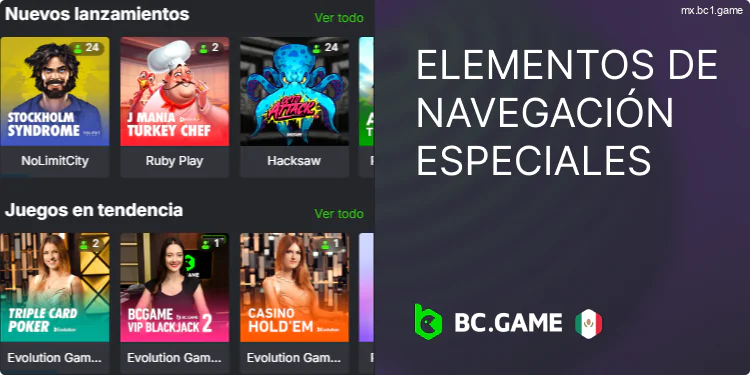 Elementos de navegación del casino BC.Game