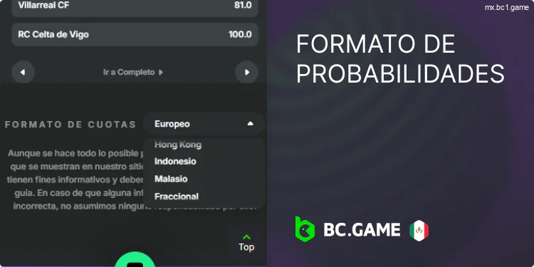 Formatos de probabilidades para la aplicación BC.Game