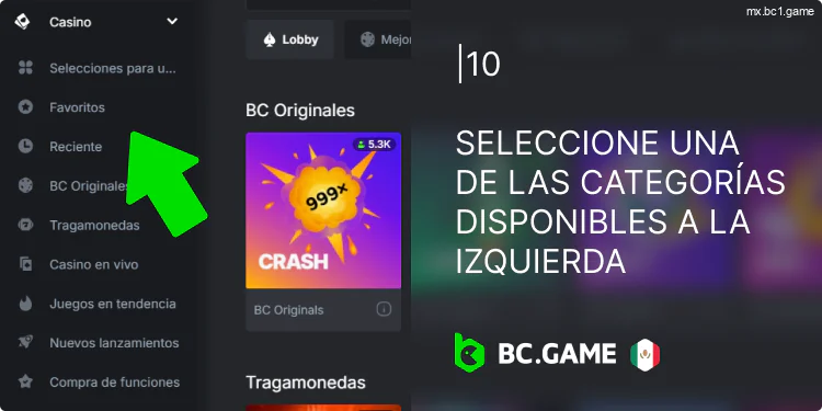 Seleccione la sección de casino de la lista BC.Game