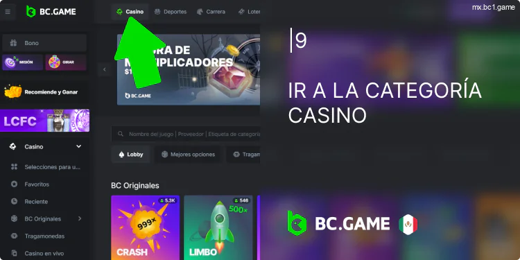 Abra la sección "Casino" en BC.Game