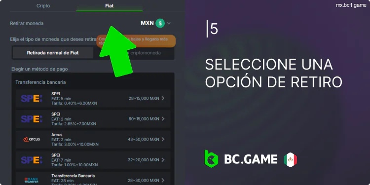 Elige una opción de retirada de entre las que te ofrece BC.Game