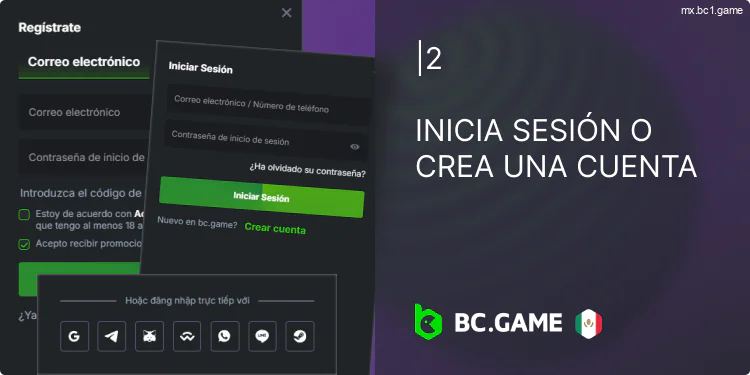 Inicie sesión en su cuenta BC.Game existente o cree una cuenta nueva