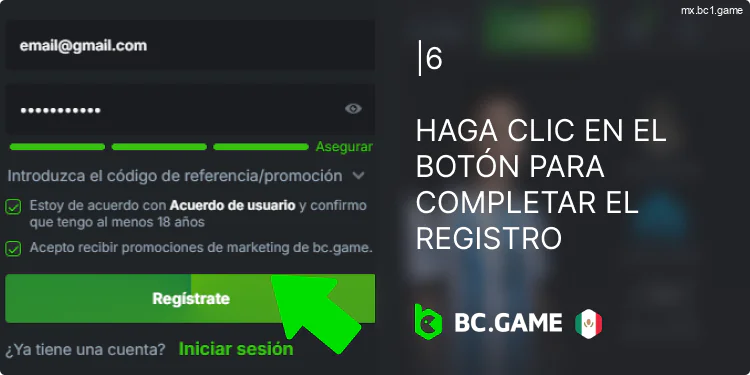 Complete el registro de su cuenta BC.Game