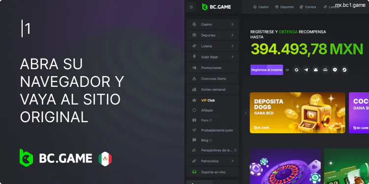 Abre tu navegador e ingresa el enlace a la página oficial de BC.Game