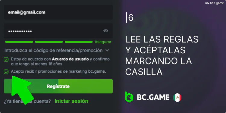 Lea las reglas del casino BC.Game y confírmelas marcando la casilla