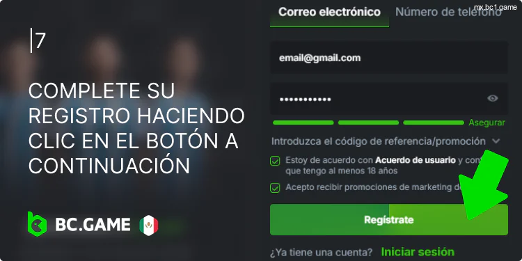 Complete el registro en BC.Game haciendo clic en el botón verde